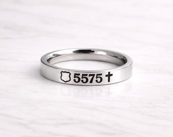 Pierścień z odznaką policyjną - Policjant - Numer odznaki - Żona policjanta - Biżuteria - Delikatny - Wąski pierścień - Pierścień do łączenia - Prezent - Cienka niebieska linia