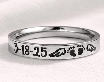 Personalized Date Memorial Ring, Miscarry Ring, Miscarriage Jewelry, PAIL Gift, Gift for Loss of a Baby, Child Loss, Angel Wings, Footprints