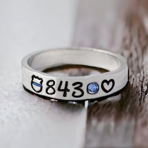 Police Badge Ring - Police Officer - Badge Number - Police Wife - Jewelry - Dainty - Skinny Ring - Stacking Ring - Gift - Thin Blue Line