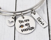 You Are My Sunshine Bracelet - Gift for Her - Bangle Bracelet - Charm Bracelet - You are my sunshine jewelry - Custom - Hand Stamped-Crystal