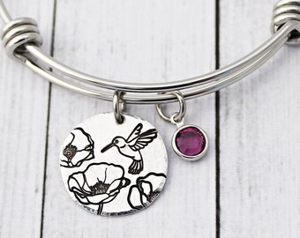 Bracelet Colibri - Bijoux Argent Colibri - Cadeau pour elle - Pierre de naissance - Dainty - Fleurs - Bracelet jonc