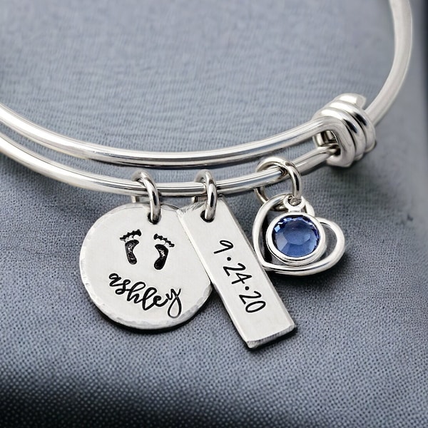 Personalized Mother Bracelet - Charm Bangle - Name and Birthstone - Footprints - Baby Feet - Grandma Jewelry - New Mom Bracelet