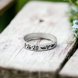 Personalized Memorial Ring - Stacking Ring - Loss of a Loved One - Angel Wings - Miscarriage Jewelry - Custom Date - Dainty - Skinny Ring