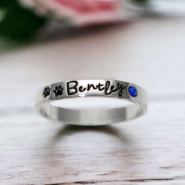 Pet Name Ring - Tiny Paw Print Ring - Personalized Dog Ring - Cat Ring - Stacking Ring - Skinny Band - Name And Birthstone Ring