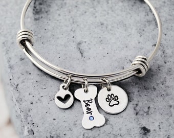 Personalized Dog Bracelet, Dog Mom Bangle Bracelet, Paw Print, Dog Jewelry, Dog Bone Charm, Pet Memorial, Dog Gift