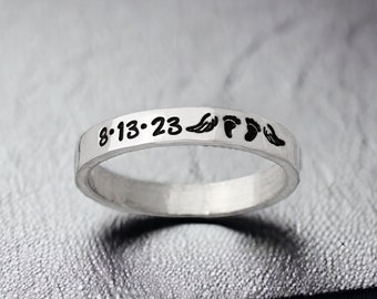Memorial Ring - Date Memorial Jewelry - Stacking Ring - Footprints - Miscarriage - Loss of a Child - Baby Memorial - Angel Wings