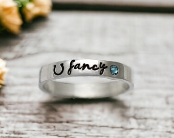 Horshoe Ring - Horse Name Ring - Personalized Horse Ring - Custom Made - Stacking Ring - Skinny Band - Equine Gift - Birthstone Jewelry