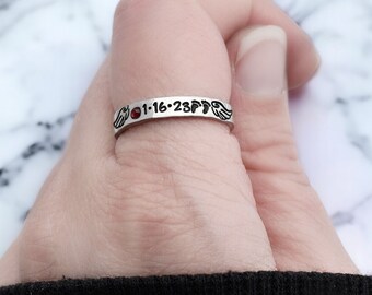 Miscarriage Jewelry - Angel Wings - Baby Feet - Custom Date Name Memorial Ring -  - Personalized - Footprints-Still Birth- Infant Child Loss