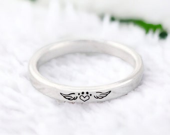 Pet Memorial Ring - Small Winged Paw Print Ring - Minimalist - Sterling Silver - Pet Lover Ring - Skinny Stacking Ring
