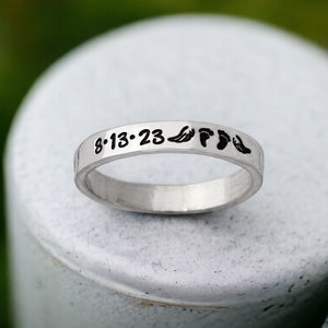 Memorial Ring - Date Memorial Jewelry - Stacking Ring - Footprints - Miscarriage - Loss of a Child - Baby Memorial - Angel Wings