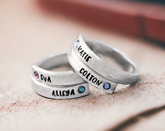 Personalized Ring - Birthstone Wrap Rings - Mother's Ring - Name Ring - Skinny - Adjustable - Non-Tarnish - Two Names - Mom Gift - 2 Kids