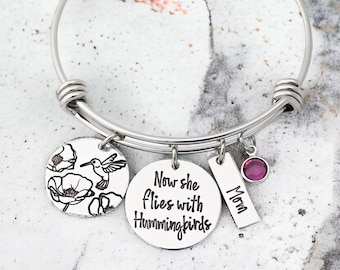 Hummingbird Bracelet - Now She Flies With Hummingbirds - Hummingbird Jewelry - Sympathy Gift - Memorial Jewelry-In Memory Of Bangle-For Her