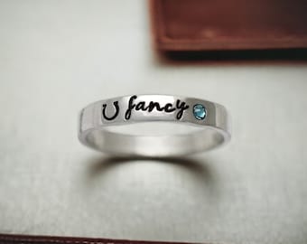 Horse Name Ring - Horshoe Ring - Personalized Horse Ring - Custom Made - Stacking Ring - Skinny Band - Equine Gift - Birthstone Jewelry