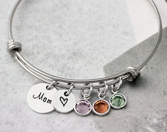 Mom Birthstone Bracelet, Gift for Grandma, Custom Name Bracelet, Mom, Gigi, Nana, Grammy, Personalized Birthstone Bangle, Mama Jewelry