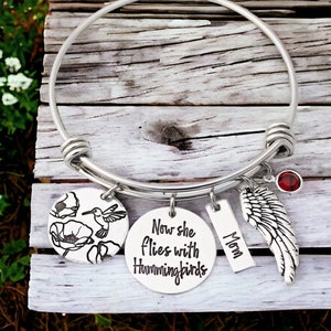 Now She Flies With Hummingbirds - Hummingbird Bracelet - Hummingbird Jewelry - Sympathy Gift - Memorial Jewelry-In Memory Of Bangle-For Her