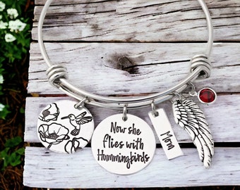 Now She Flies With Hummingbirds - Hummingbird Bracelet - Hummingbird Jewelry - Sympathy Gift - Memorial Jewelry-In Memory Of Bangle-For Her