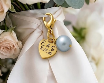 something blue wedding gift, bouquet clip with pearl and heart, keepsake personalized present for bride