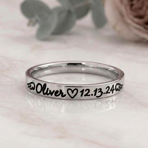 Gedenkring, verlies van een geliefde, aangepaste naam en datum, engelenvleugels, verkleuren niet, cadeau voor verlies, miskraam, verlies baby