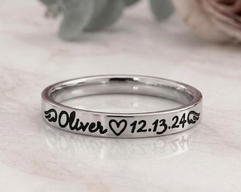 Bague commémorative, perte d'un être cher, nom et date personnalisés, ailes d'ange, ne ternira pas, cadeau d'un décès, fausse couche, perte d'un nourrisson