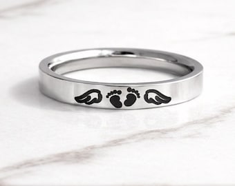 Angel Wing Memorial Ring – Baby Footprints Miscarriage Remembrance Jewelry