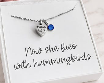 Mom Urn Necklace, Cremation Jewelry, Personalized Memorial gift, Necklace for Ashes, Now She Flies With Hummingbirds
