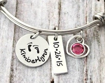 Personalized - Bangle - Name and Birthstone - Charm Bracelet - Mother Bracelet - Footprints - Baby Feet - Grandmother - New Mom