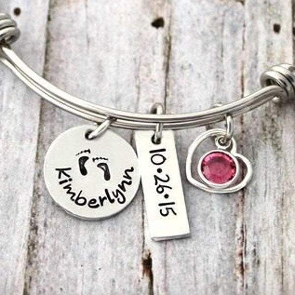 Personalized - Bangle - Name and Birthstone - Charm Bracelet - Mother Bracelet - Footprints - Baby Feet - Grandmother - New Mom