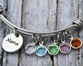 Charm Bracelet - Mother Bracelet - Personalized - Wire Bangle - Grandmother - Adjustable - Birthstone - Mimi-Gigi-Grandma-Hand Stamped