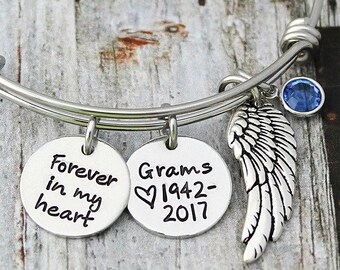 Memorial Bracelet - Sympathy Gift - Forever In My Heart - Memorial Jewelry - Personalized Bangle - Birthstone - Custom Name - date - Mom-Dad