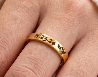Anillo conmemorativo personalizado, plata, oro, oro rosa, alas de ángel, fecha, joyería para aborto espontáneo, pérdida de un bebé, pérdida del embarazo, antideslustre.