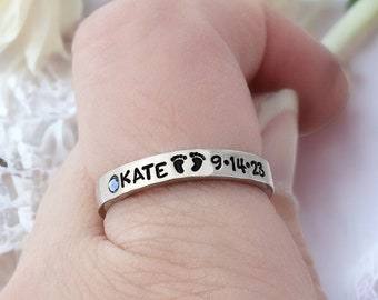 New Mom Ring, Personalized Name and Date Ring, Hospital Gift, Push Present, Birthstone Name Ring, Baby Footprints, Gift for Mom