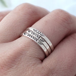 Personalized Memorial Ring - Sterling Silver - Angel Wings - Dainty Skinny Stacking Rings - Loss of a Loved One - Name Ring-Memorial Jewelry