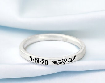 Memorial Ring - Date Memorial Jewelry - Stacking Ring - Minimalist - Sterling Silver Ring - Loss of a Loved One - Angel Wings - Miscarriage
