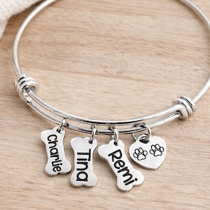 May include: Silver-toned charm bracelet with adjustable band. Features bone-shaped charms engraved with the names "Charlie", "Tina", and "Remi", plus a heart charm with paw prints. The bracelet is displayed on a wooden surface.