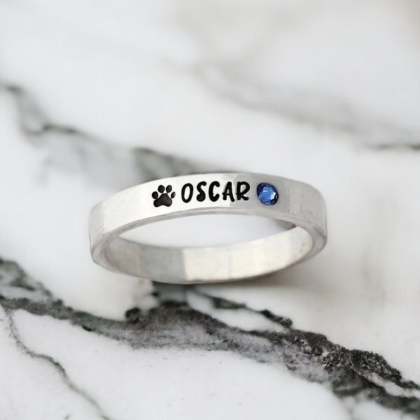 Personalized Pet Name Ring - Paw Print Ring - Stacking Ring -  Dog Ring - Cat Ring - Skinny Band - Name And Birthstone Ring - Organic