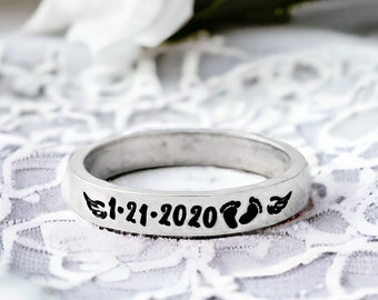 Stacking Ring - Child Loss - Angel Wings - Miscarriage Jewelry - Personalized Date - Dainty - Skinny Ring- Memorial - Footprints - Baby Feet