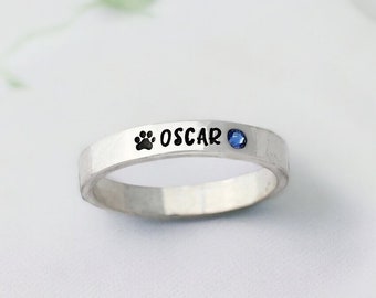 Personalized Pet Name Ring - Stacking Ring - Tiny Paw Print Ring -  Dog Ring - Cat Ring - Skinny Band - Name And Birthstone Ring