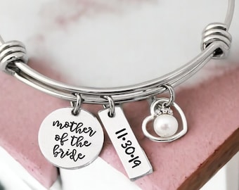 Personalized Mother of the Groom Gift - Engraved Bangle Bracelet - MOG Bangle - Mother of the Bride Jewelry - Wedding - Wire Bangle