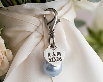 something blue wedding gift, bouquet clip with pearl and heart, keepsake personalized present for bride
