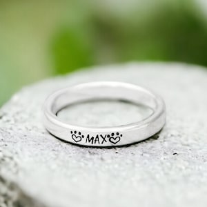 Personalized Pet Name Ring - Tiny Paw Print Name Ring - Itty Bitty Dainty Ring - Sterling Silver - Dog - Cat - Pet Lover Ring - Minimalist