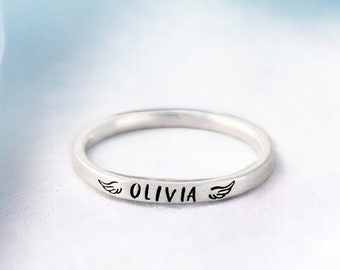 Custom Angel Wings Name Ring - Winged Name - Personalized - Memorial Gift - In Memory of - Memorial Jewelry - Stacking Name Ring - Loss