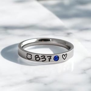 Police Ring, Police Wife Gift, Silver or Gold, Thin Blue Line, Gift for Wife, Girlfriend, Custom Badge Number, Blue Crystal