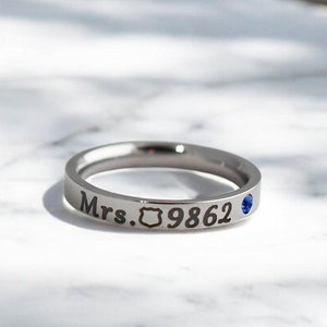 Police Wife Ring - Badge Number - Stacking Ring - Mrs. - Police Officer - Jewelry - Dainty - Skinny Ring - Stackable - Gift-Thin Blue Line