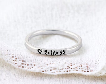 Date Ring - Personalized Sterling Silver Ring With Your Date - Custom Stacking Ring - Engraved - Hand Stamped - Personalized Finger Ring