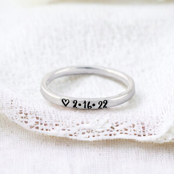 Date Ring - Personalized Sterling Silver Ring With Your Date - Custom Stacking Ring - Engraved - Hand Stamped - Personalized Finger Ring