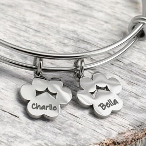 Engraved Dog Paw Print Name Bracelet, Gift for Her, Personalized, Silver Bangle, Gift for Pet Lover, Dog Mom, Christmas Gift, Fast Shipping