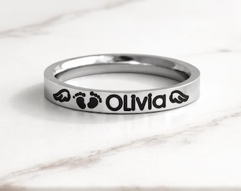 Personalized Baby Memorial Ring - A Touching Footprint and Angel Wing Keepsake