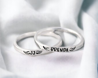 Personalized Memorial Ring - Sterling Silver - Angel Wings - Dainty Skinny Stacking Rings - Loss of a Loved One - Name Ring-Memorial Jewelry