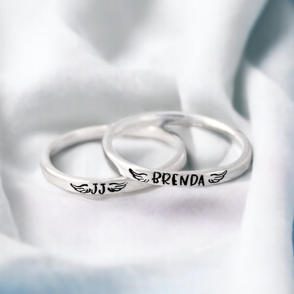 Personalized Memorial Ring - Sterling Silver - Angel Wings - Dainty Skinny Stacking Rings - Loss of a Loved One - Name Ring-Memorial Jewelry