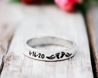 Stacking Ring - Child Loss - Angel Wings - Miscarriage Memorial Jewelry - Personalized Date - Dainty - Skinny Ring - Footprints - Baby Feet